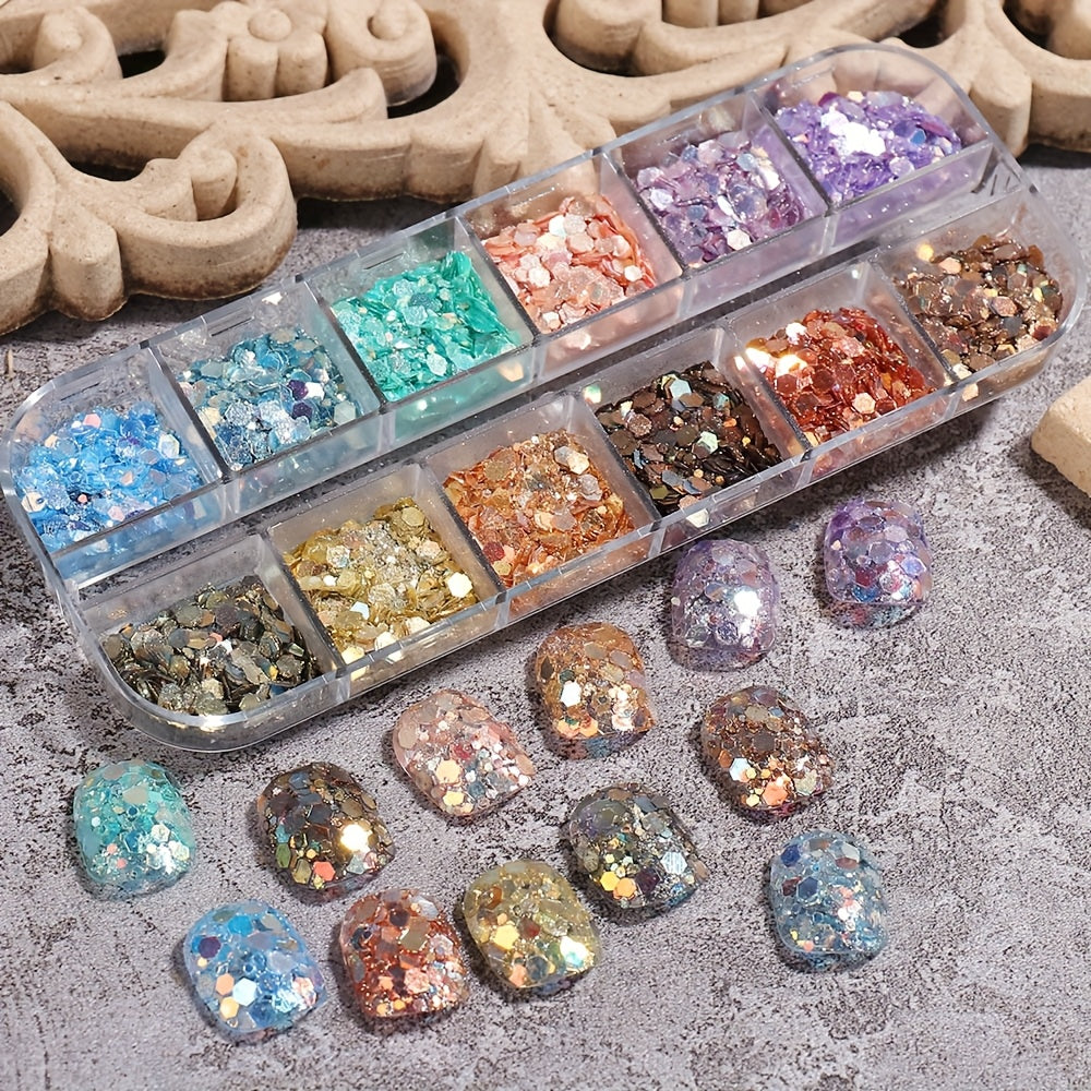 1 Box Holographic Hexagon Iridescent Nail Glitter Sequins - Mermaid Flakes Powder for Y2K Wedding Nail Art, Shiny Sparkly Sheets for Creative Manicures, Multi-Dimensional Colors (Pink, Blue, Green, Golden, Purple), Party Nail